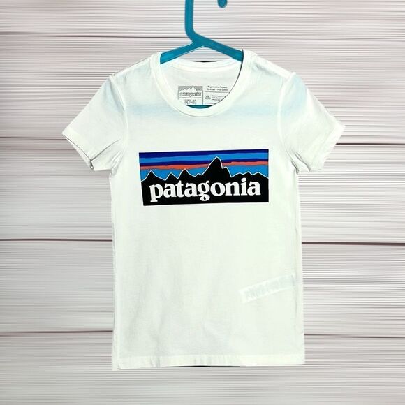 Patagonia Logo Graphic Tee White Organic Cotton Short Sleeves Kids S (7-8) - Picture 1 of 5
